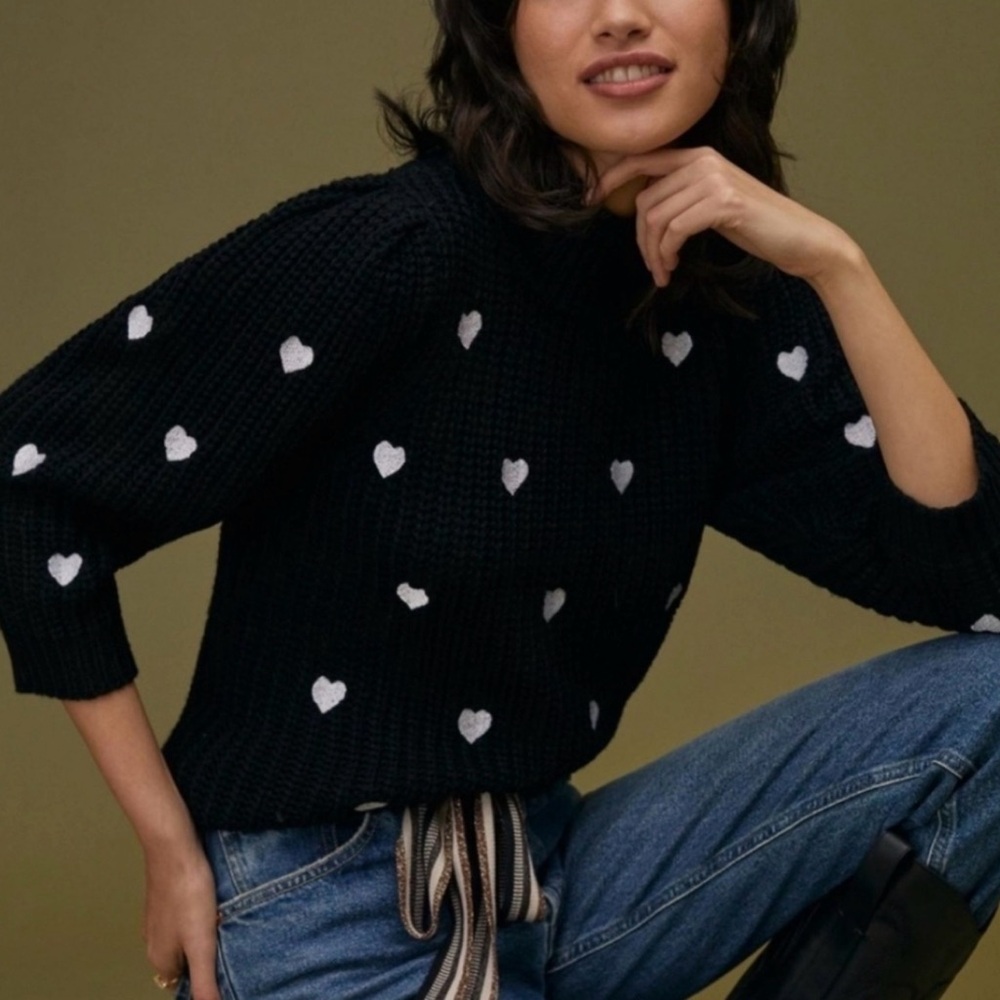 Anthropologie Black Sweater with White Heart Accents